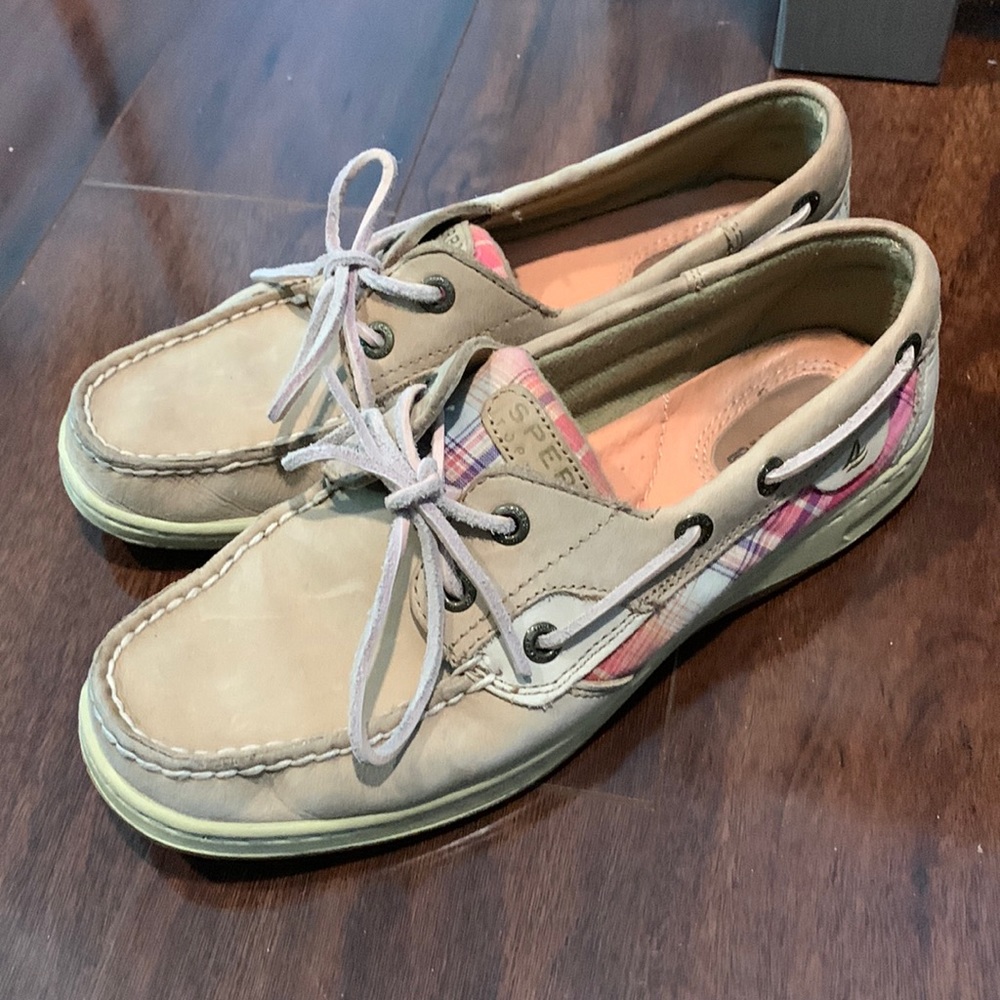 Sperry boat shoes -  pink plaid & tan, size 7.5